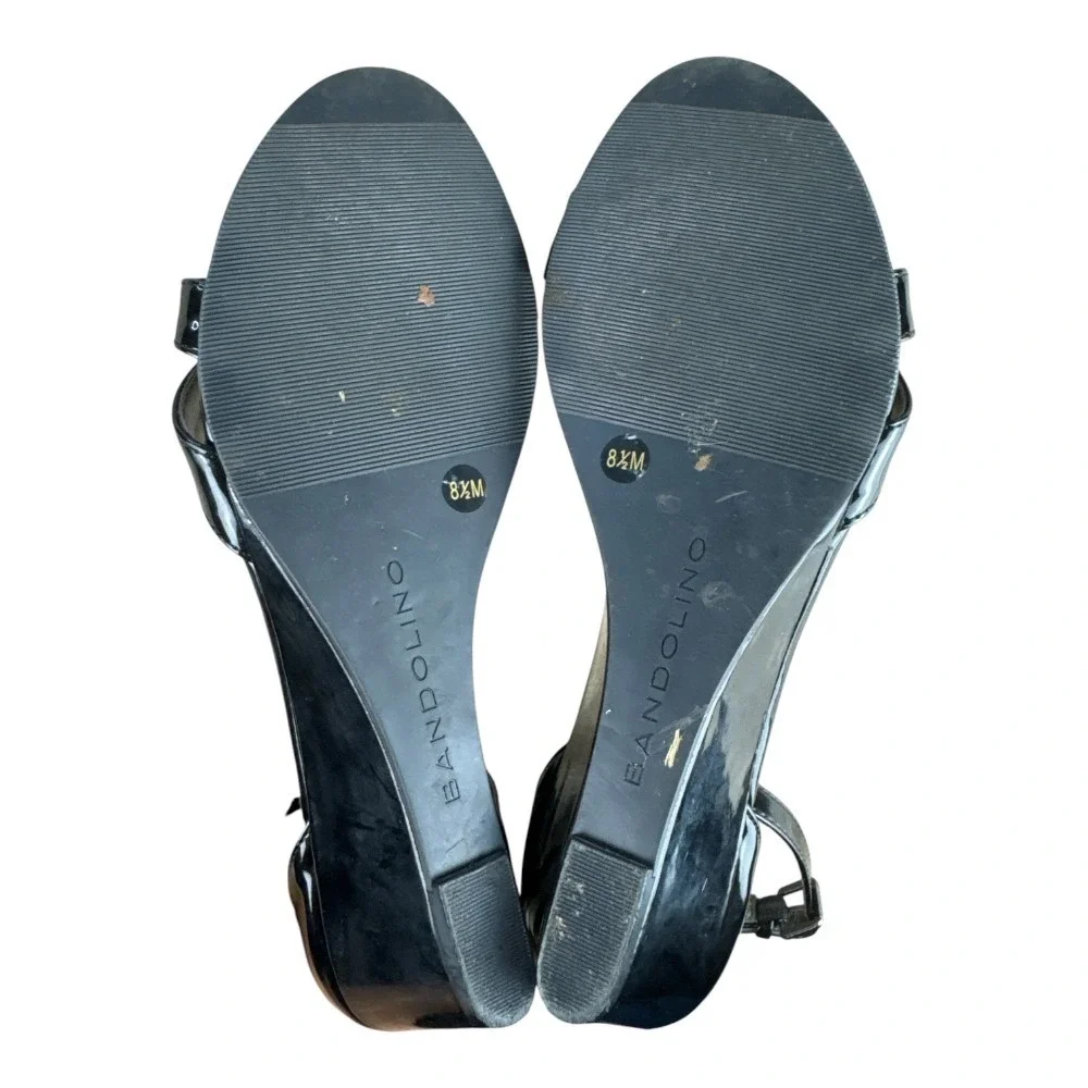 Bandolino Omira Black Patent Wedge Sandals Ankle‎ Strap Womens 8.5M Timeless